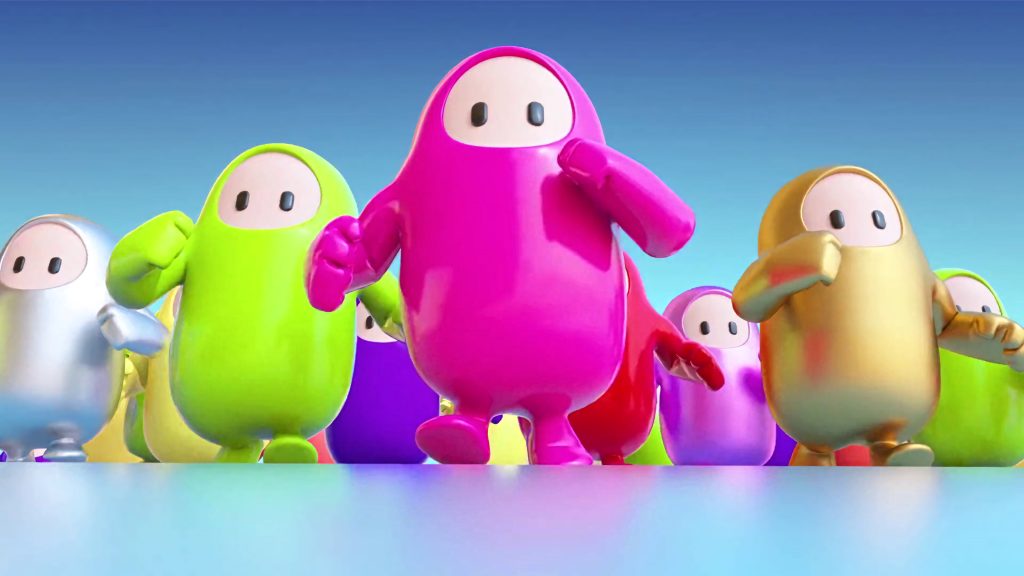 Colorful Fall Guys beans racing on reflective floor under blue sky vibrant 3D gaming wallpaper