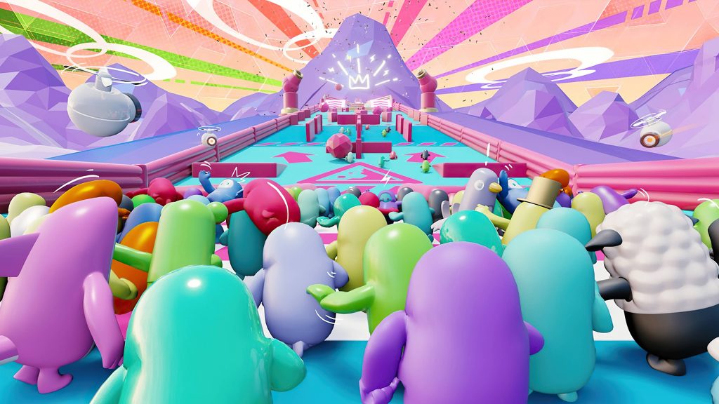Fall Guys Ultimate Knockout colorful racers at starting line neon pink cyan course victory crown wallpaper