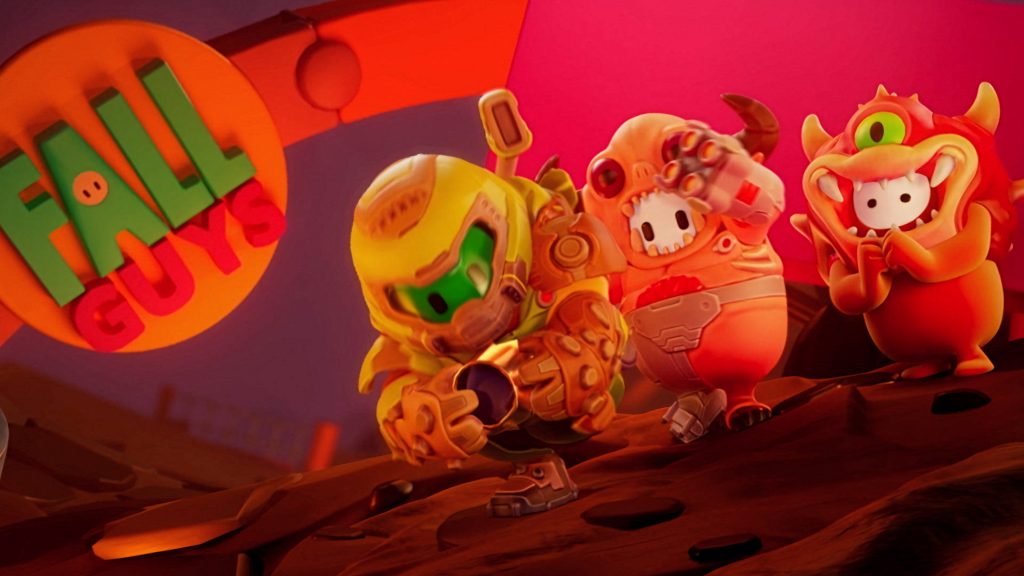 Fall Guys characters in Doom Slayer and demons costumes on fiery rocky landscape wallpaper