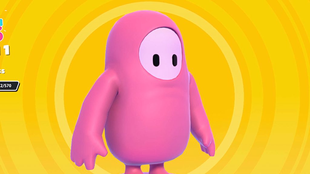 Fall Guys Ultimate Knockout pink bean character 3D CGI wallpaper with bright yellow background