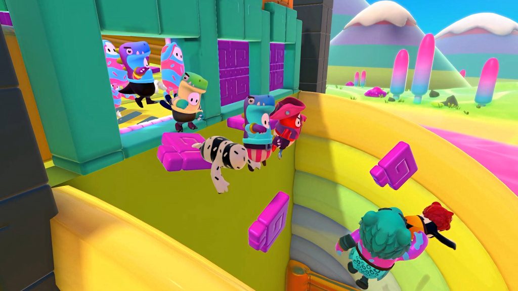 Fall Guys vibrant neon obstacle course with costumed beans dinosaur pirate tumble background Wallpaper