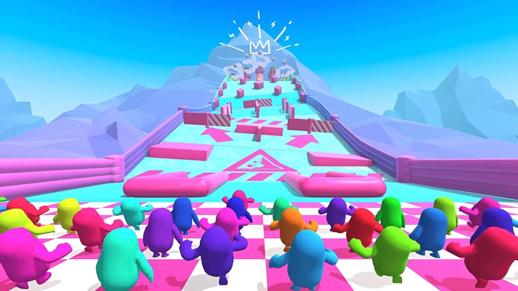 Fall Guys Ultimate Knockout wallpaper colorful beans on pink floor facing icy blue obstacle course
