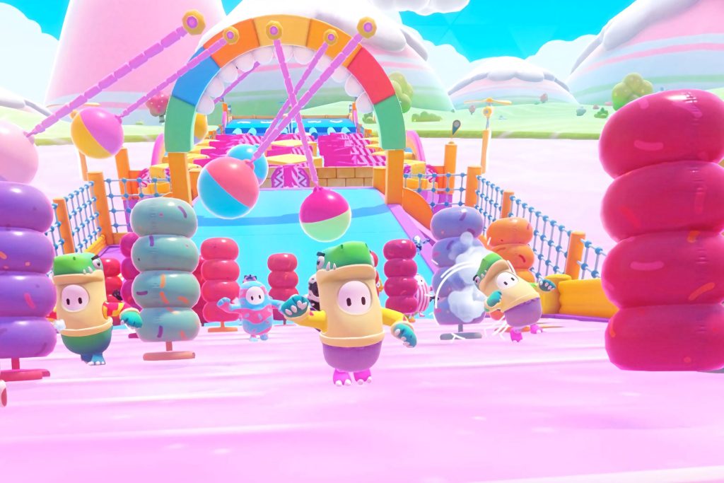 Fall Guys Ultimate Knockout colorful characters race Hit Parade obstacle course pink slope wallpaper