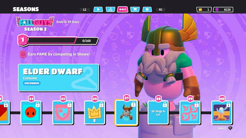 Fall Guys Season 2 menu wallpaper pink bean with Elder Dwarf skin on vibrant purple medieval background