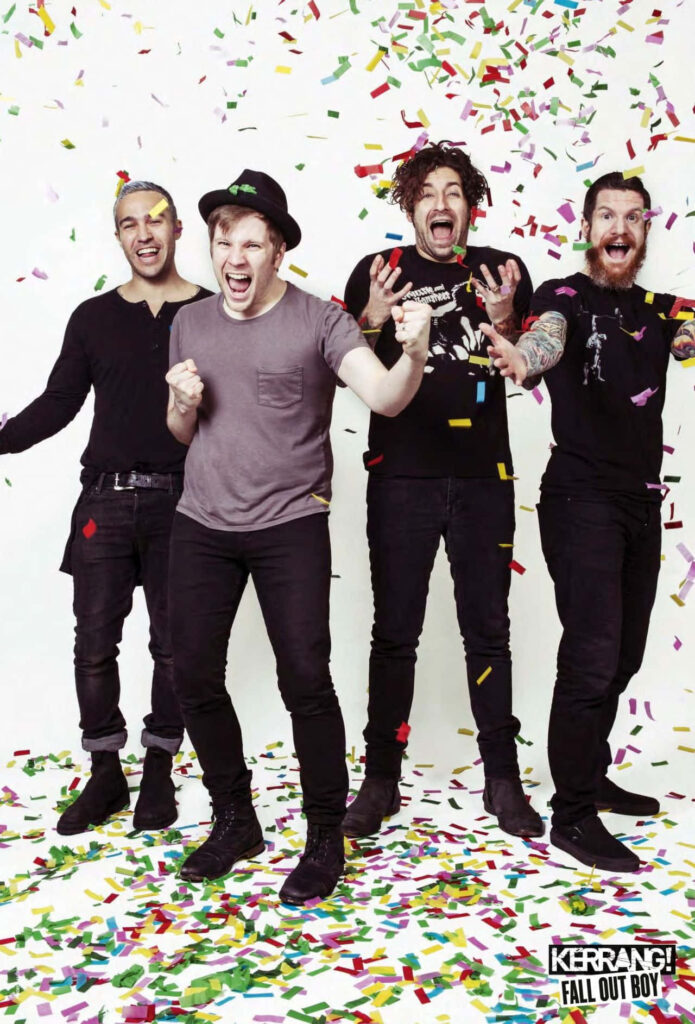 Fall Out Boy energetic band celebrating with confetti lively wallpaper background for fans