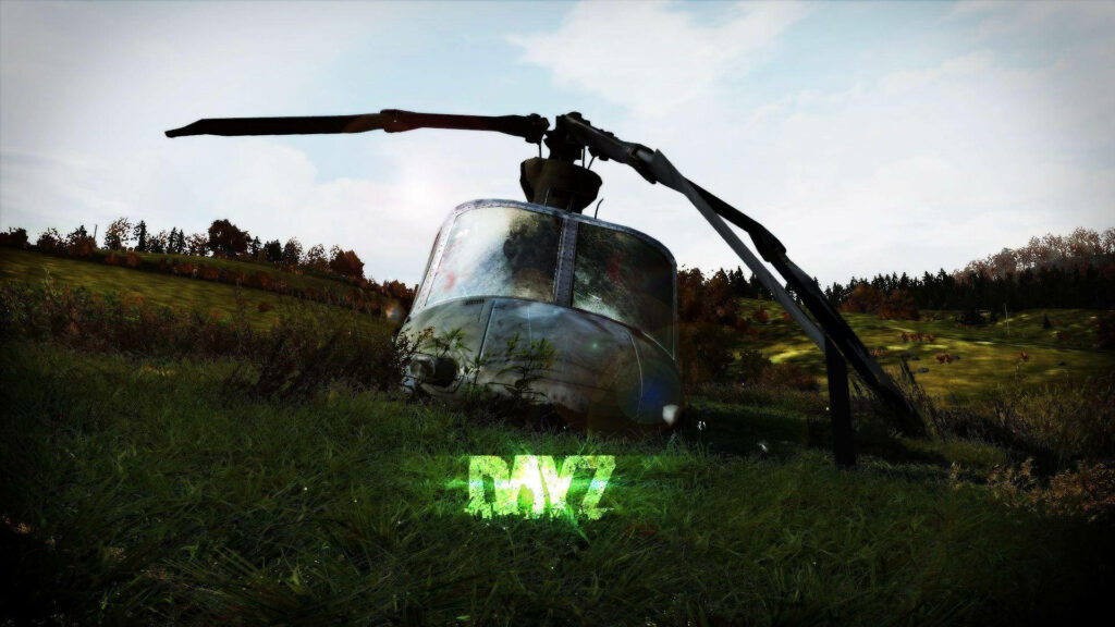 Ravaged Skies: A Captivating Dayz Helicopter Crash Amidst Vibrant Neon Landscape Wallpaper
