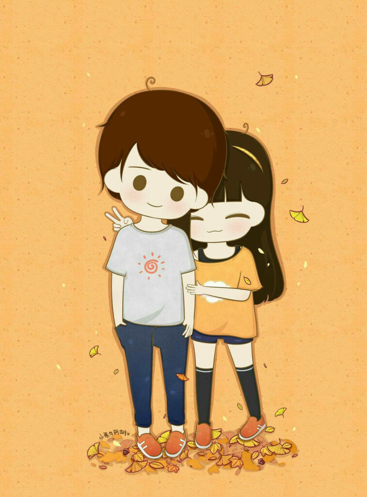 Fall Foliage Love: Whimsical Cartoon Couple Embracing on Autumn Leaves Wallpaper