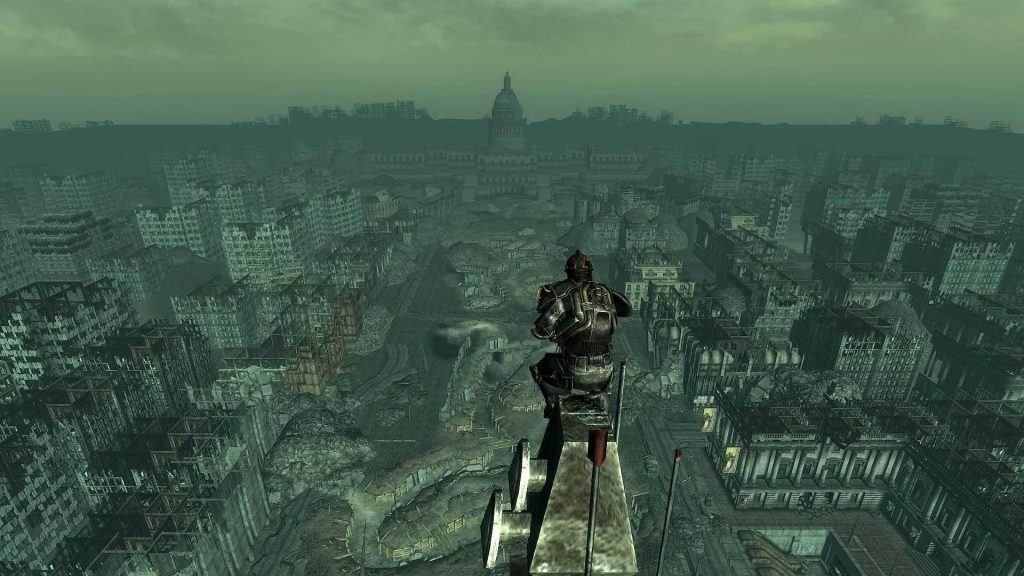 Fallout 3 wallpaper lone figure in Power Armor overlooks ruined Washington DC Capitol in green tint