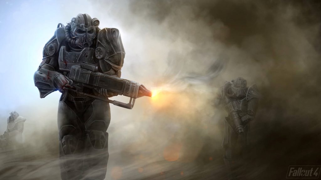 Fallout 4 4k wallpaper showing T-60 Power Armor soldiers firing weapons in a smoky wasteland