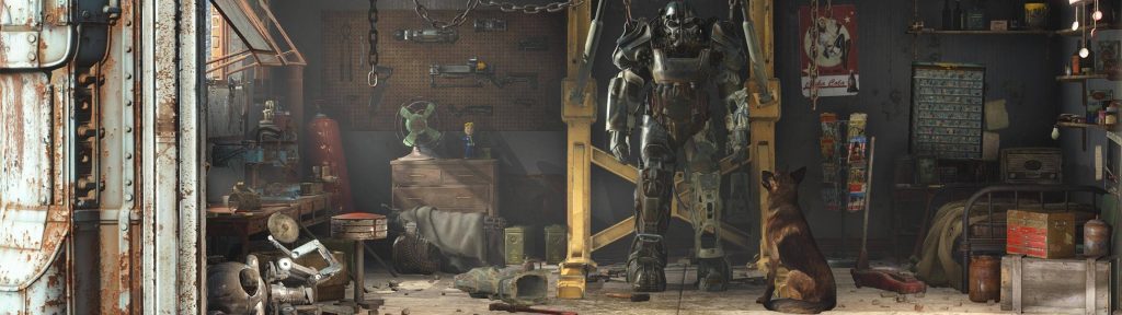 Fallout 4 4K wallpaper Dogmeat sits by Power Armor in dusty post-apocalyptic garage scene