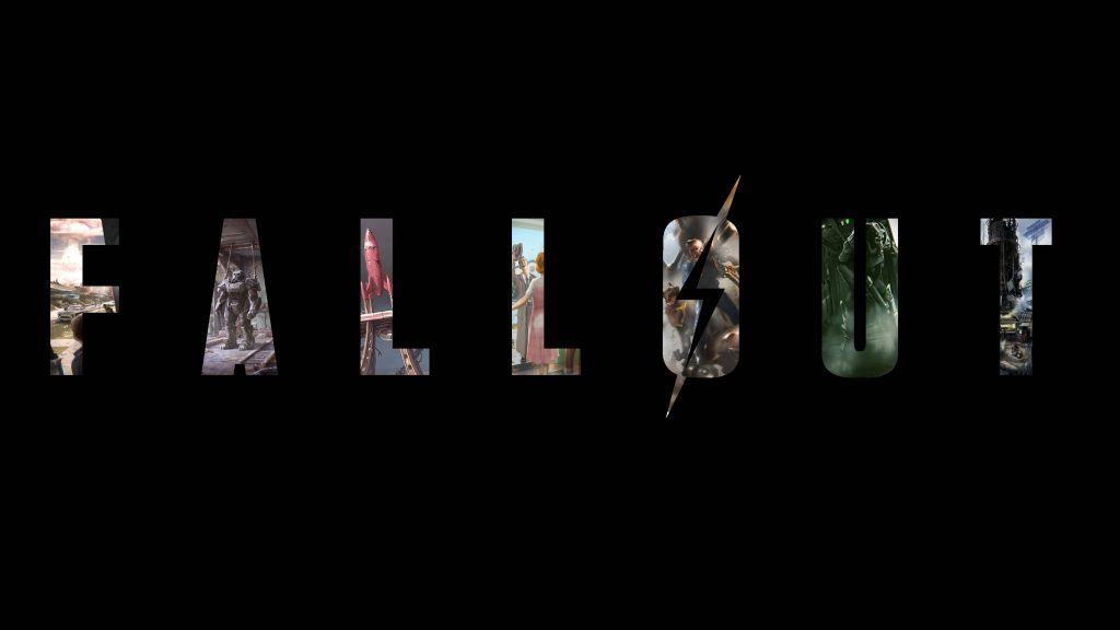 Fallout 4 4K wallpaper with bold logo showing Power Armor Dogmeat Red Rocket and nuclear blast