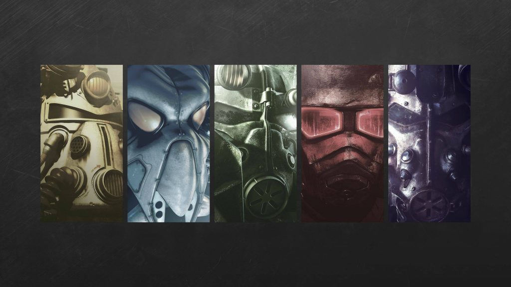 Fallout 4 4k poster with detailed T-51 X-01 NCR Ranger and T-60 helmets on dark metal background Wallpaper