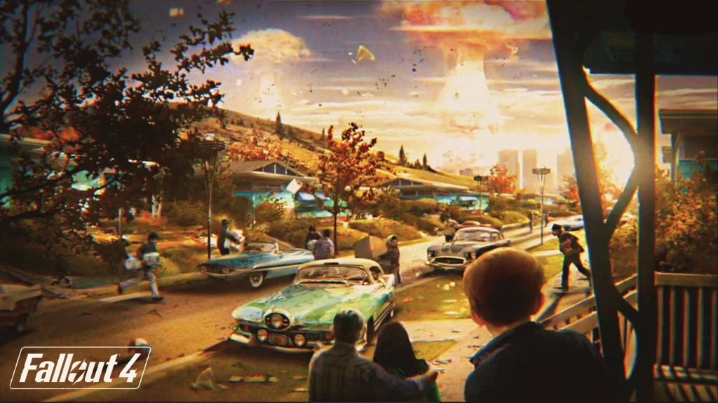 Fallout 4 wallpaper showing retro suburb with fleeing residents and nuclear mushroom clouds