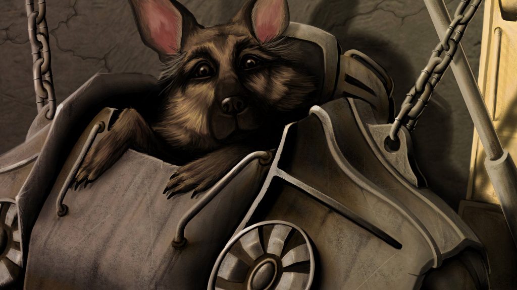 Dogmeat German Shepherd peeks from worn Power Armor chest in Fallout 4 post-apocalyptic art Wallpaper