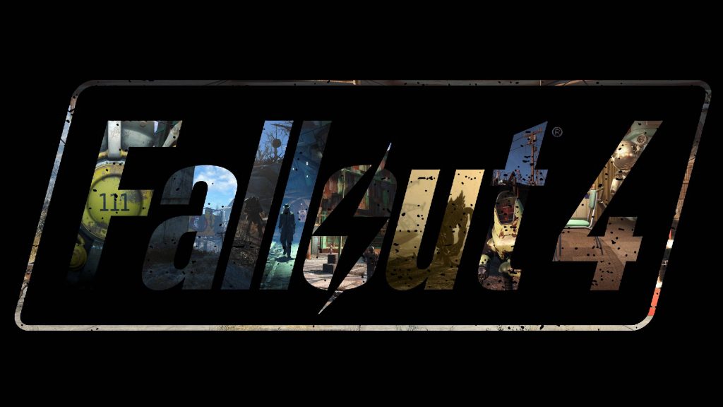 Fallout 4 logo wallpaper with vibrant wasteland scene Vault 111 Power Armor Protectron robot