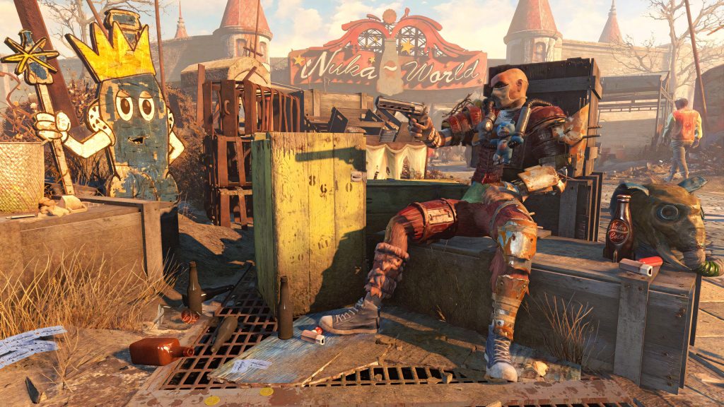 Fallout 4 Nuka-World wallpaper raider with pistol golden sunlight post-apocalyptic park scene