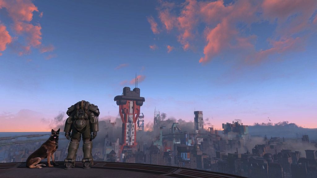 Fallout 4 Sole Survivor in Power Armor and Dogmeat on rooftop watching post-apocalyptic Boston skyline sunset Wallpaper