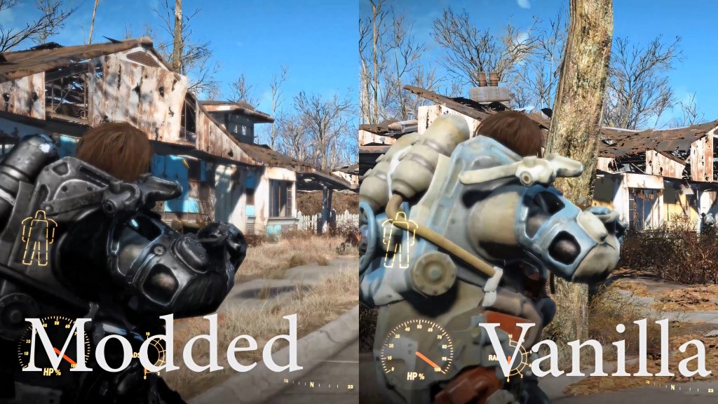 Fallout 4 split-screen wallpaper comparing dark modded Power Armor and original Sanctuary Hills armor