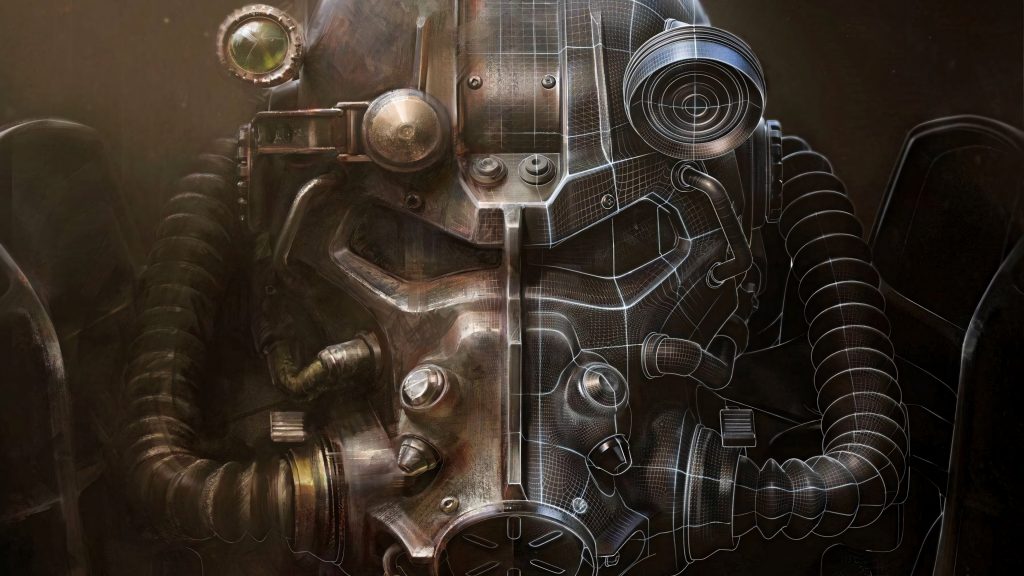 Close-up T-60 Power Armor helmet Fallout 4 wallpaper battle-worn metal to 3D wireframe mesh