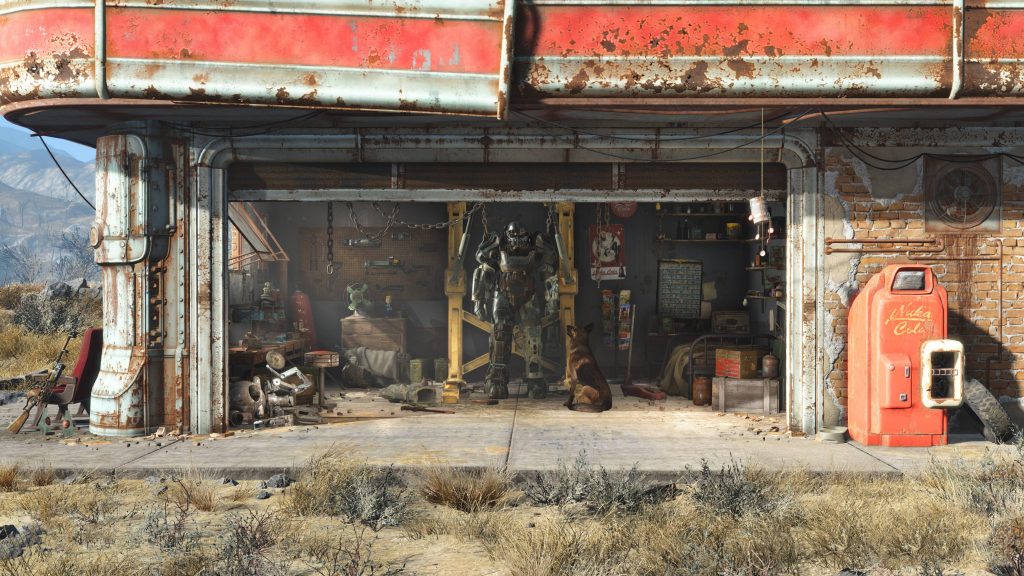 T-60 Power Armor and Dogmeat in rusty garage with red Nuka-Cola machine Fallout 4 wallpaper