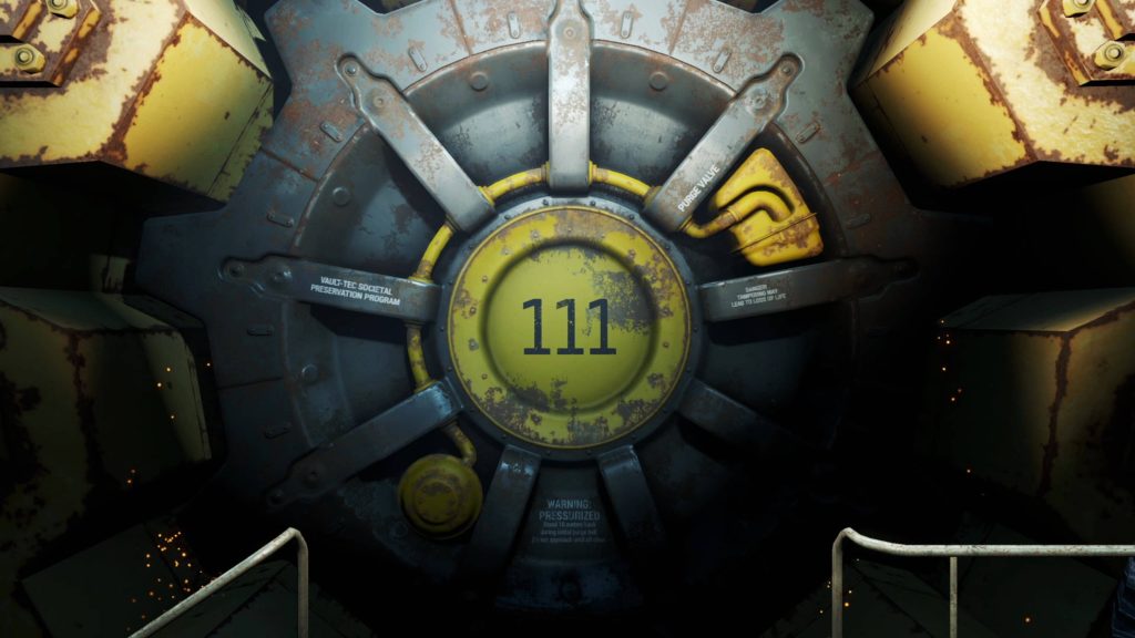 Fallout 4 Vault 111 rusted door CGI wallpaper post-apocalyptic wasteland industrial entrance