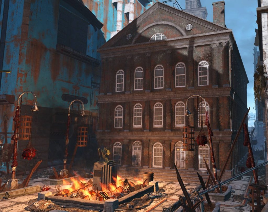 Fallout 4 wallpaper showing ruined Faneuil Hall with fire rusted metal and post-apocalyptic ruins