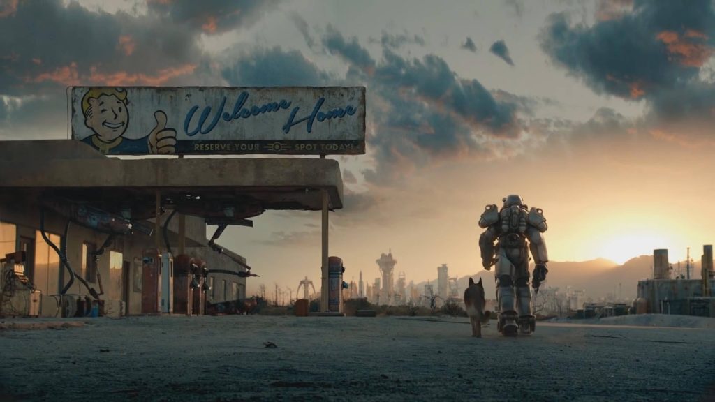 Fallout 4 4K wallpaper wanderer in T-60 power armor and Dogmeat near gas station sunset