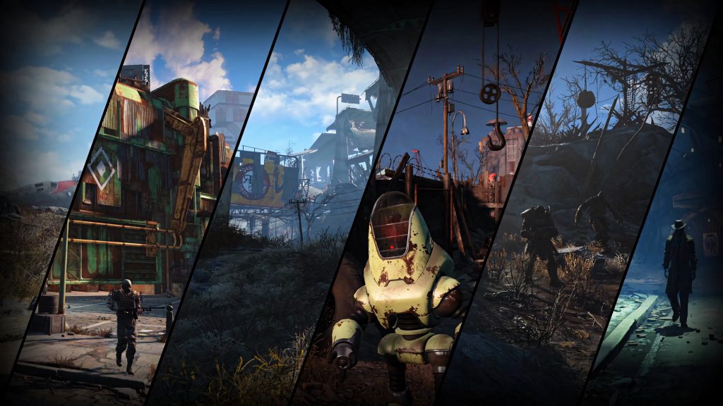 Fallout 4 diagonal collage wallpaper with Protectron Nick Valentine ruined highways post-apocalypse