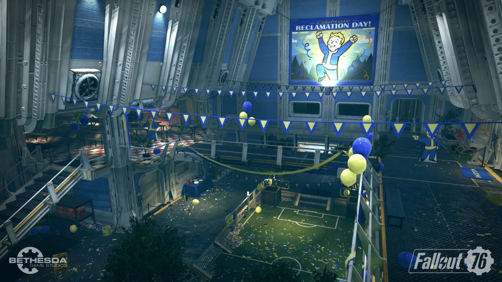 Fallout 76 Campaign Stadium festive Vault Tec Vault Boy posters balloons confetti wallpaper