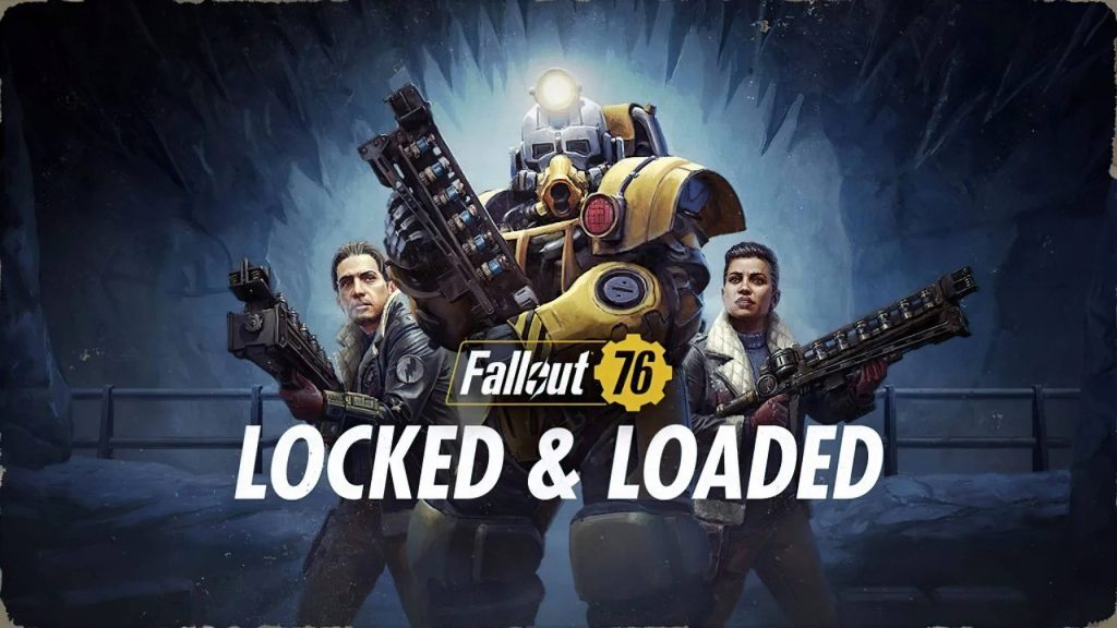 Fallout 76 Locked and Loaded wallpaper with three survivors and yellow Excavator Power Armor
