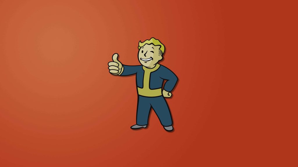 Fallout 76 Vault Boy thumbs-up wink minimalist wallpaper with vibrant blue yellow suit on red background