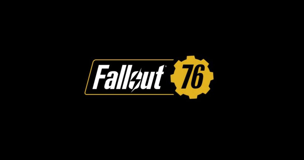Fallout 76 wallpaper with white logo lightning bolt and yellow vault gear on black background