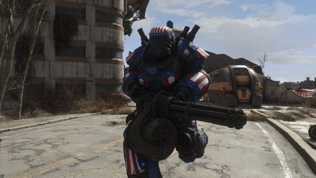 Fallout 76 wallpaper survivor in patriotic red white blue Power Armor with minigun post-apocalypse