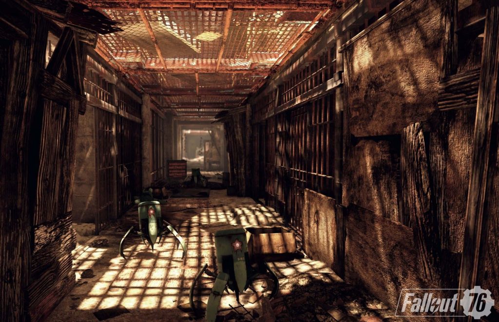 Post-apocalyptic Fallout 76 wallpaper sunlight through rusted grating shadowed ruined corridor