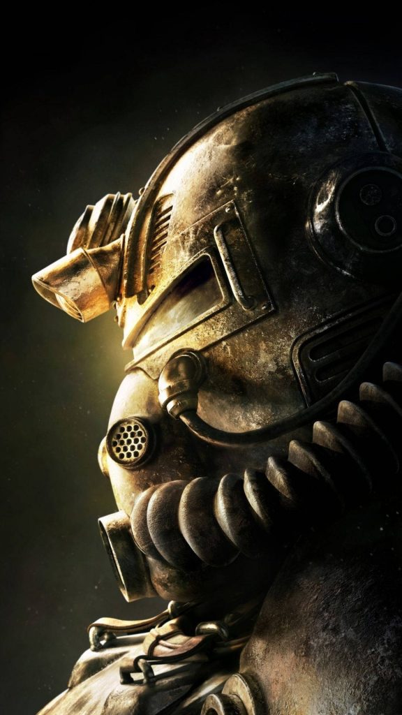Close-up 3D Fallout 76 T-51 Power Armor Helmet with golden lighting on weathered metal surface Wallpaper