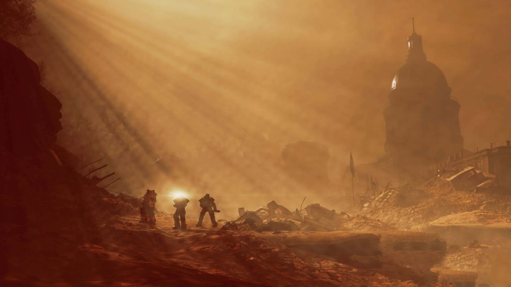 Three Power Armor figures in Fallout 76 wasteland with sunbeams and ruined domed capitol Wallpaper