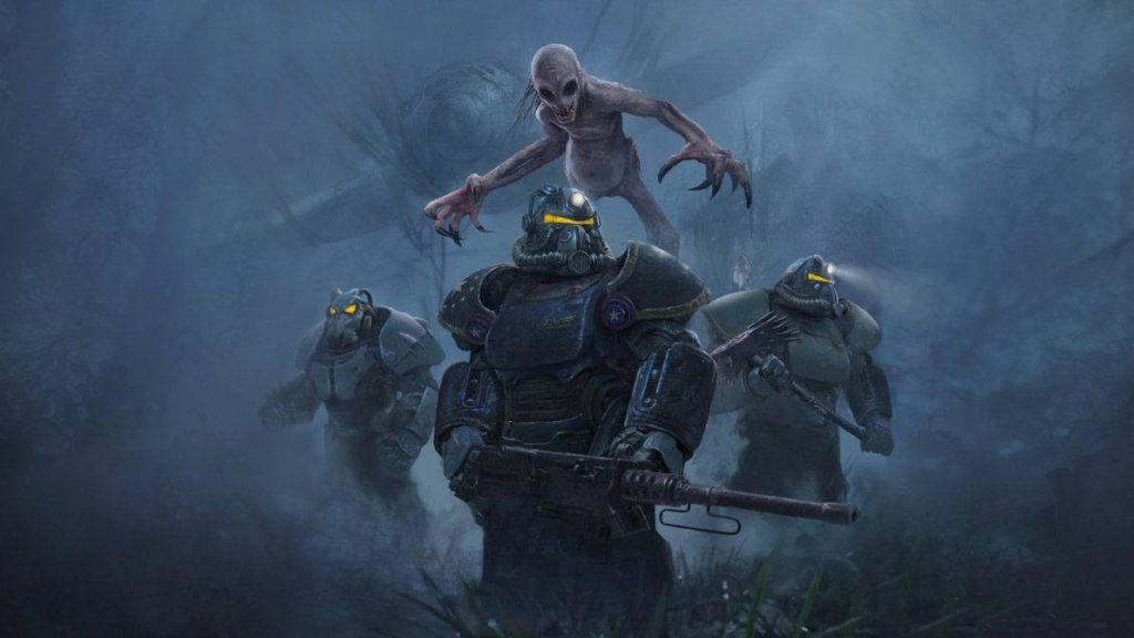 Fallout 76 wallpaper showing three Power Armor warriors in foggy forest with attacking Wendigo