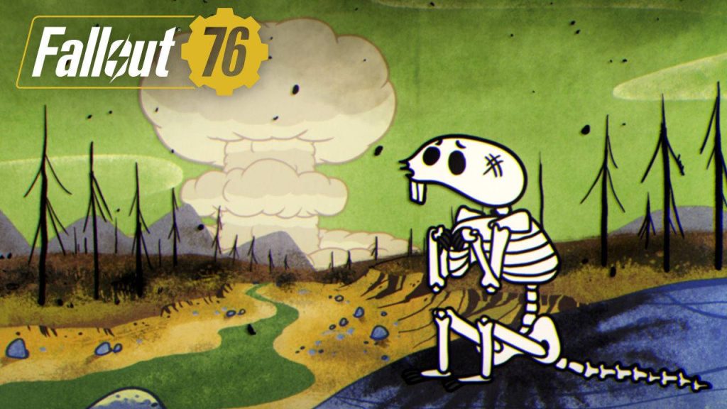Fallout 76 wallpaper featuring Vault-Tec rodent skeleton and nuclear mushroom cloud wasteland