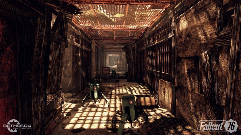 Fallout 76 wallpaper gritty secret passageway with sunlight shadows and green Liberator bots