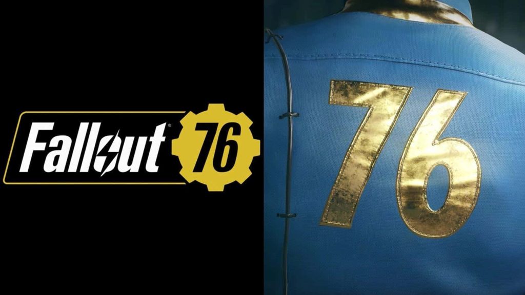 Fallout 76 wallpaper split design with white yellow logo left and blue Vault suit close-up right