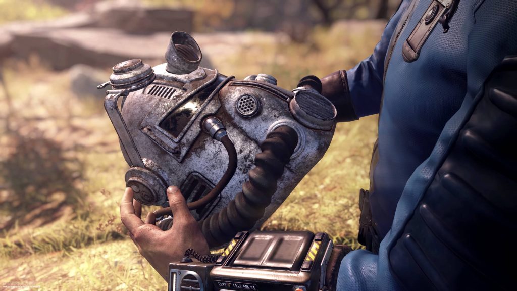 Fallout 76 survivor in blue Vault suit holding rusted T-51b Power Armor helmet CGI wallpaper