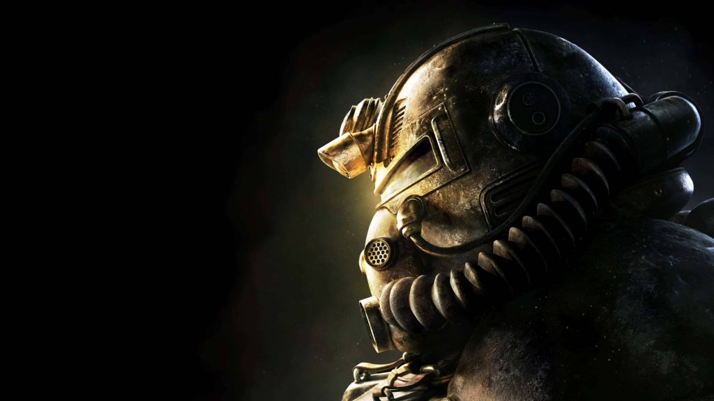 Minimalist Fallout 76 wallpaper with golden-lit T-51 Power Armor helmet on black background