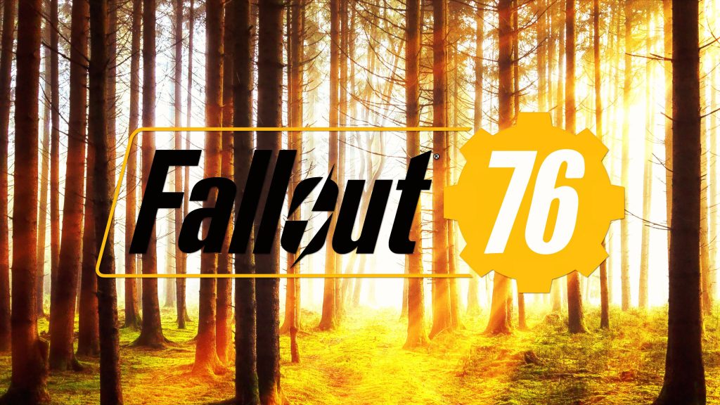 Fallout 76 logo on sunlit forest background with golden rays and lush green trees wallpaper