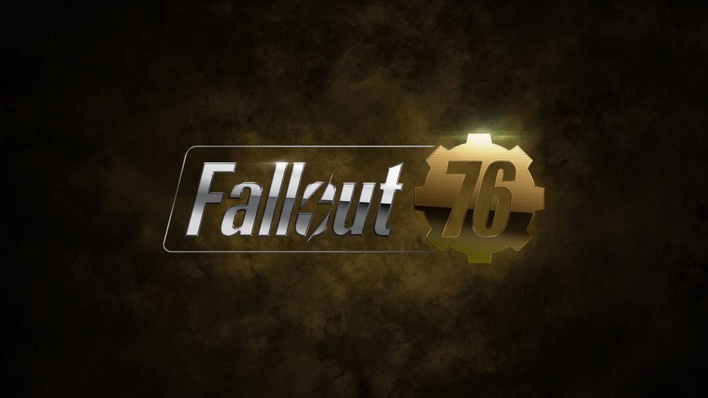Fallout 76 wallpaper with metallic silver logo and glowing gold vault gear on dark brown background