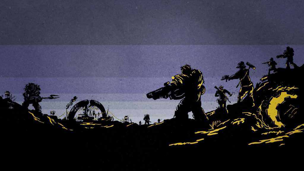 Fallout 76 wallpaper with survivors Power Armor black silhouettes purple sky Vault 76 gear ruins