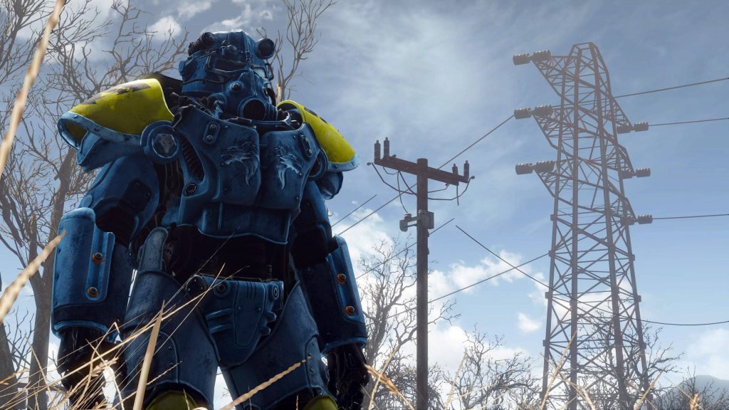Fallout 76 wallpaper with Power Armor in post-apocalyptic West Virginia wasteland scene