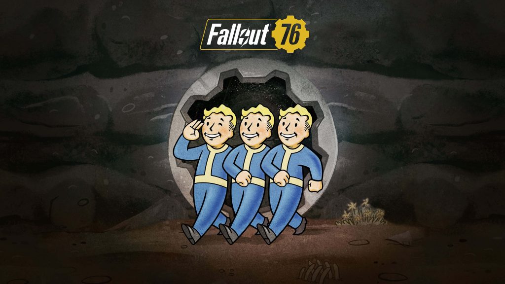 Fallout 76 wallpaper three Vault Boys in blue suits marching from vault door into dark cavern
