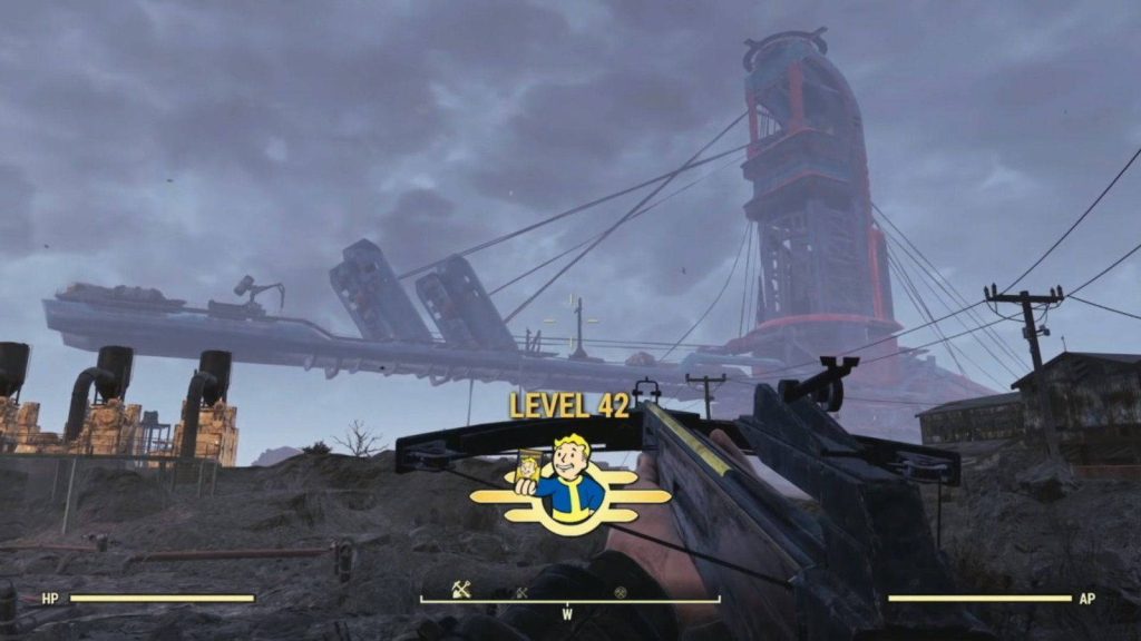First-person Fallout 76 wasteland view with crossbow and Level 42 Vault Boy by Monorail Elevator Wallpaper