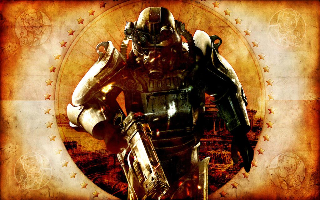 Fallout Brotherhood of Steel T-45 Power Armor soldier with laser rifle retro wasteland wallpaper