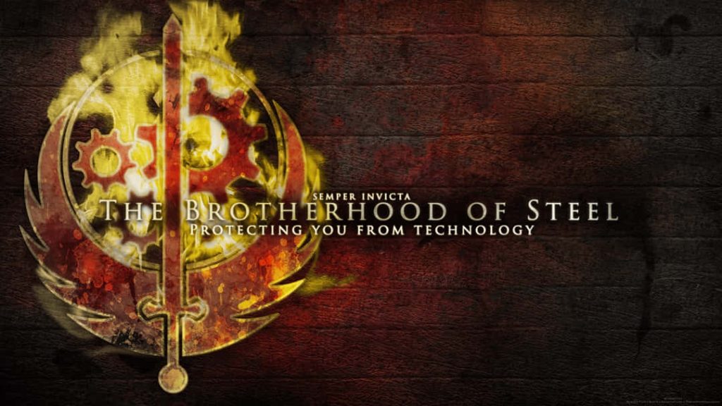 Fallout Brotherhood of Steel flaming emblem with gears wings sword on dark textured background Wallpaper
